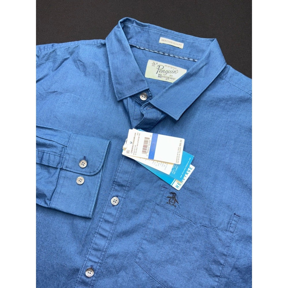 Original Penguin Men's XL Heritage Slim Fit Cotton Shirt Blue NWT